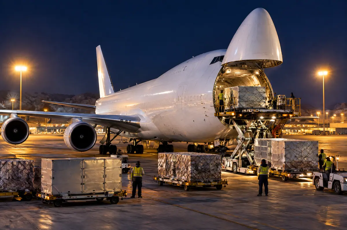 Cargo freighter being loaded with air cargo containers at night