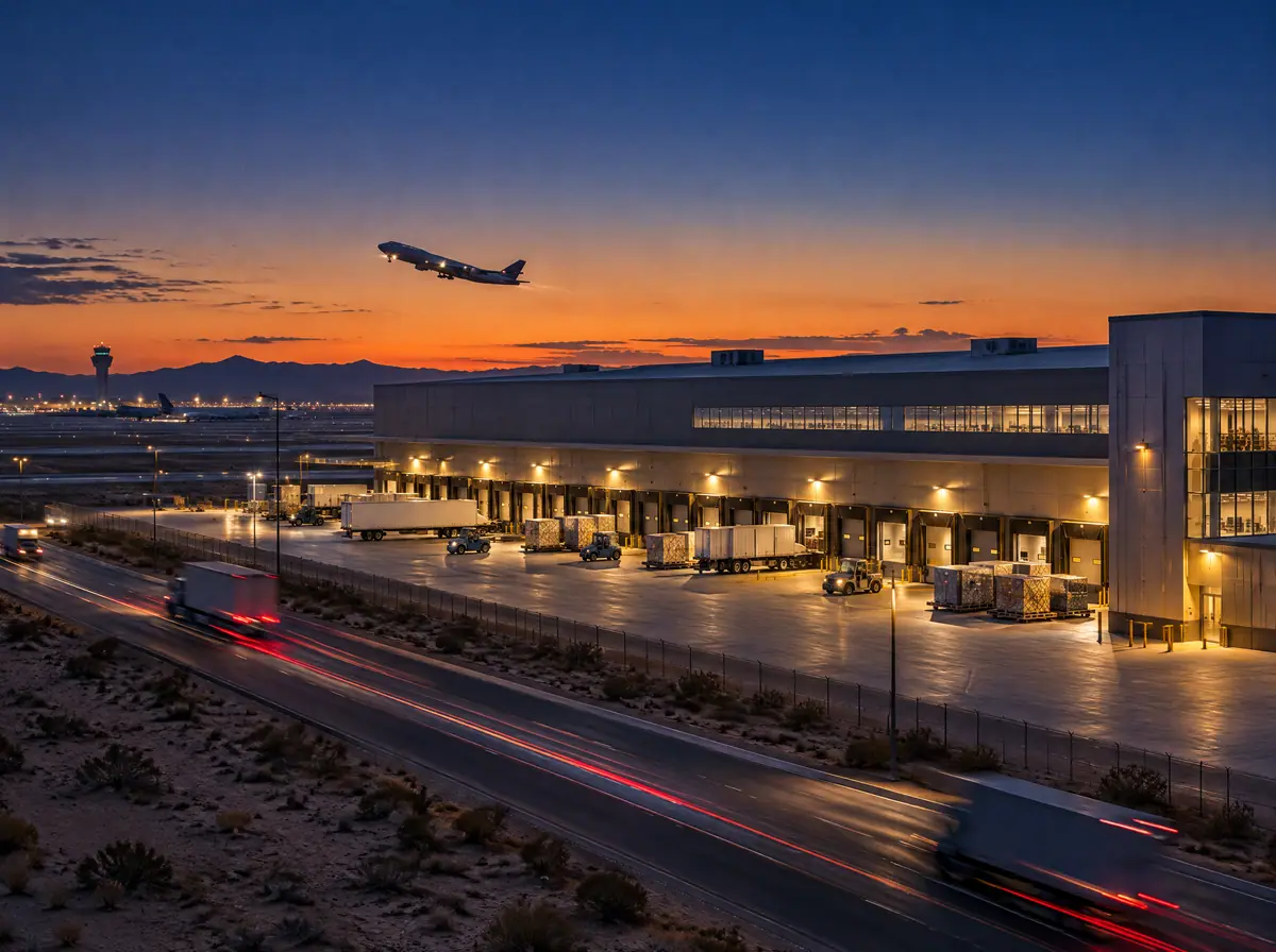 Air cargo cross-dock facility next to an airport at dusk