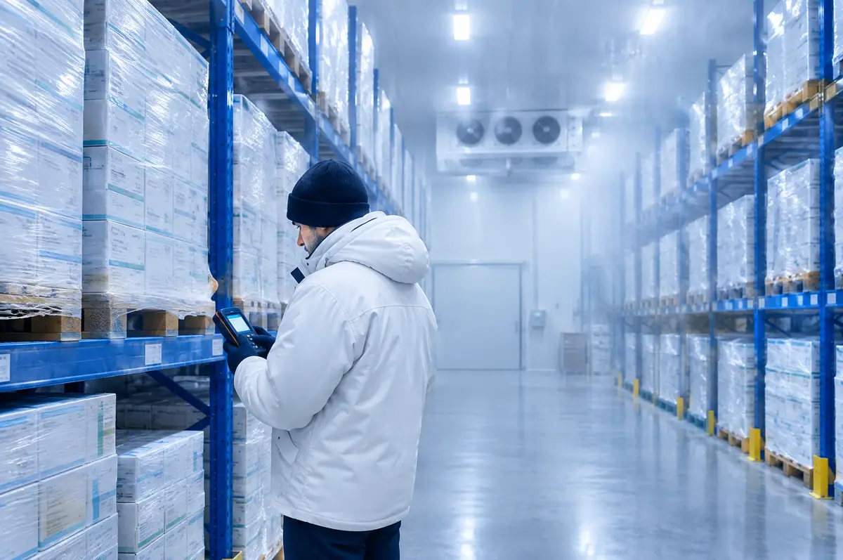 Worker checking a data logger in a cold-chain pharmaceutical warehouse
