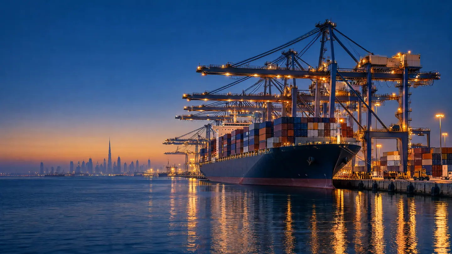 Container vessel at the quay of a Dubai container terminal at blue hour, with the city skyline on the horizon