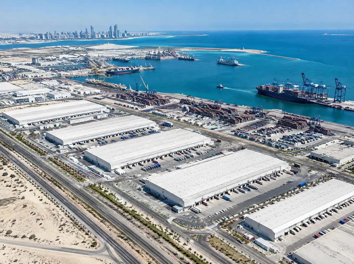 Aerial view of an industrial logistics park on the Abu Dhabi coast