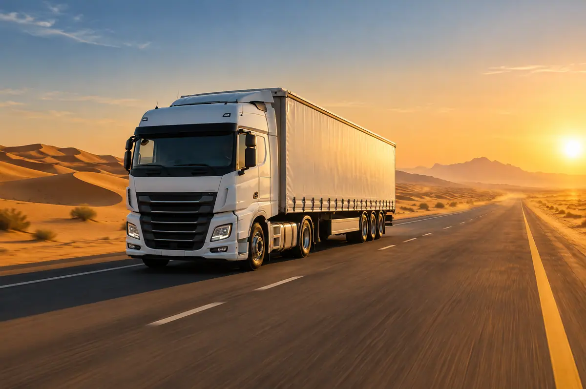 White truck driving on a desert highway between sand dunes at sunset