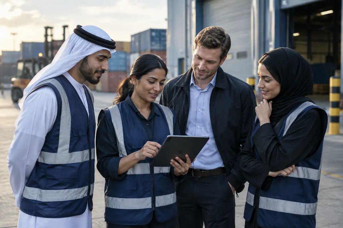 Bintros operations team reviewing a shipment on a tablet at the loading dock